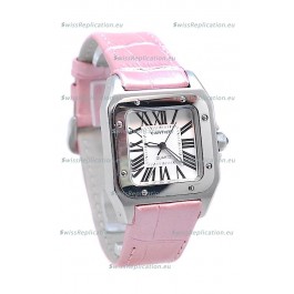 Cartier Santos 100 Japanese Ladies Replica Watch in Pink Leather Strap
