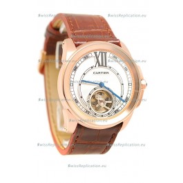 Calibre de Cartier Flying Tourbillon Japanese Replica Rose Gold Watch in Brown Strap