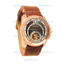 Calibre de Cartier Flying Tourbillon Japanese Replica Rose Gold Watch in Black Dial