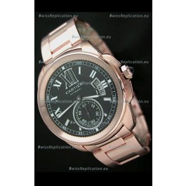 Calibre De Cartier Japanese Automatic Replica Rose Gold Watch in Black Dial