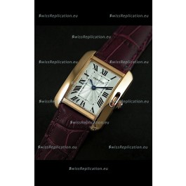 Cartier Louis Japanese Replica Ladies Rose Gold Watch in Red Wine Strap