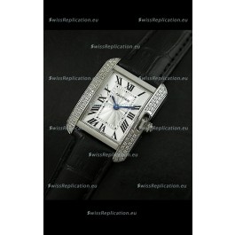 Cartier Louis Japanese Replica Ladies Diamond Watch in Black Strap