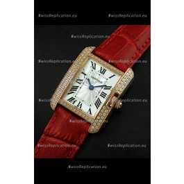 Cartier Louis Japanese Replica Ladies Rose Gold Diamond Watch in Red Strap