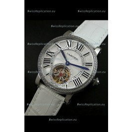 Cartier Ronde de Tourbillon Japanese Replica Diamond Watch in White Strap