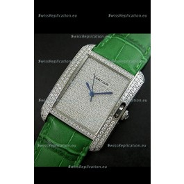 Cartier Tank Anglaise Ladies Replica Watch in Steel/Green Strap