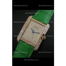 Cartier Tank Anglaise Ladies Replica Watch in Gold Case/Green Strap