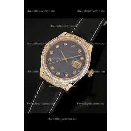 Rolex DateJust Japanese Mens Replica Yellow Gold Watch in Black Mother of Pearl Dial