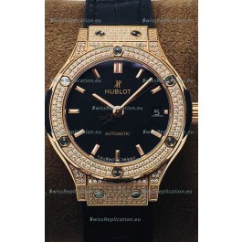Hublot Classic Fusion Diamonds Rose Gold Black Dial 38MM Swiss Replica Watch 1:1 Mirror Quality