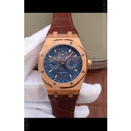 Audemars Piguet Royal Oak Perpetual Calendar Swiss Replica Rose Gold Casing Watch in Blue Dial