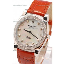 Rolex Cellini Cestello Ladies Swiss Watch in White Pearl Face Diamonds Hour, Bezel and Lugs