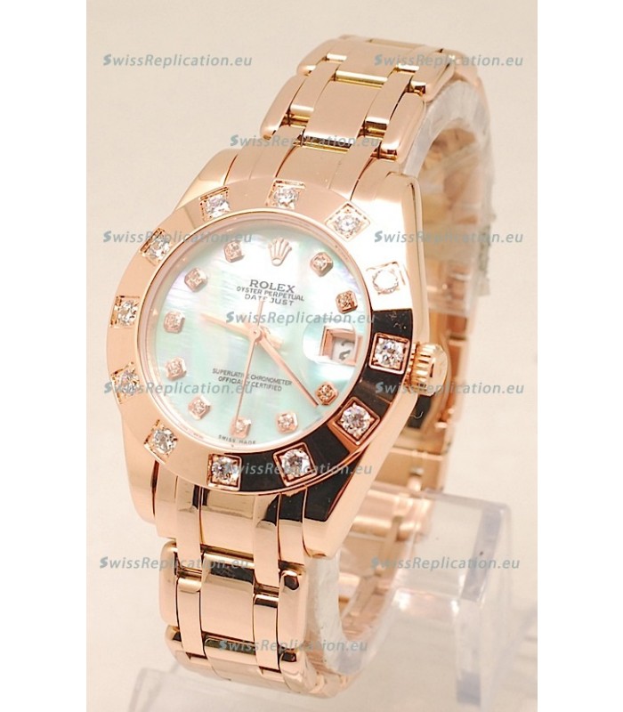 Rolex Datejust Swiss Replica Rose Gold Watch in Green Pearl Dial - 34MM