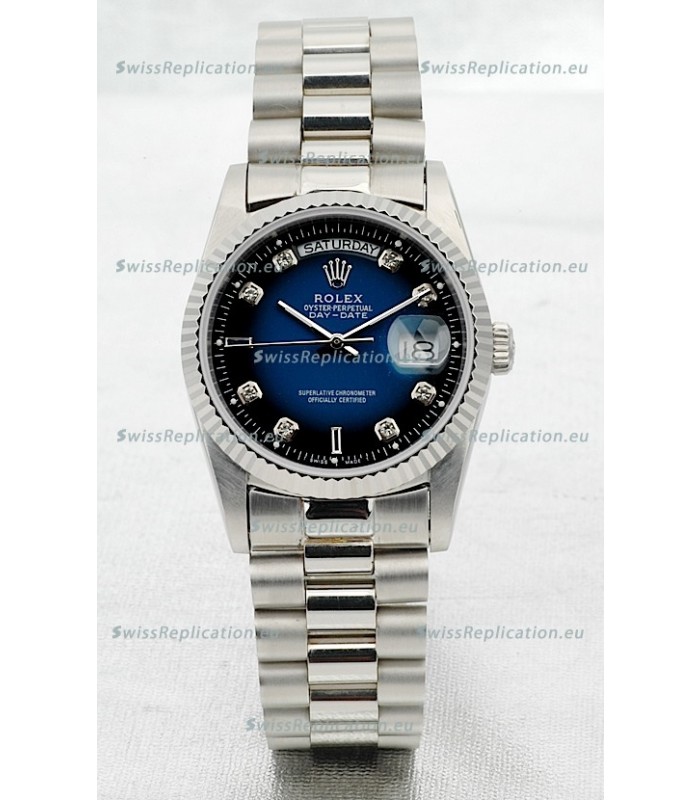 Rolex Day Date Silver Swiss Replica Watch in Blue Dial