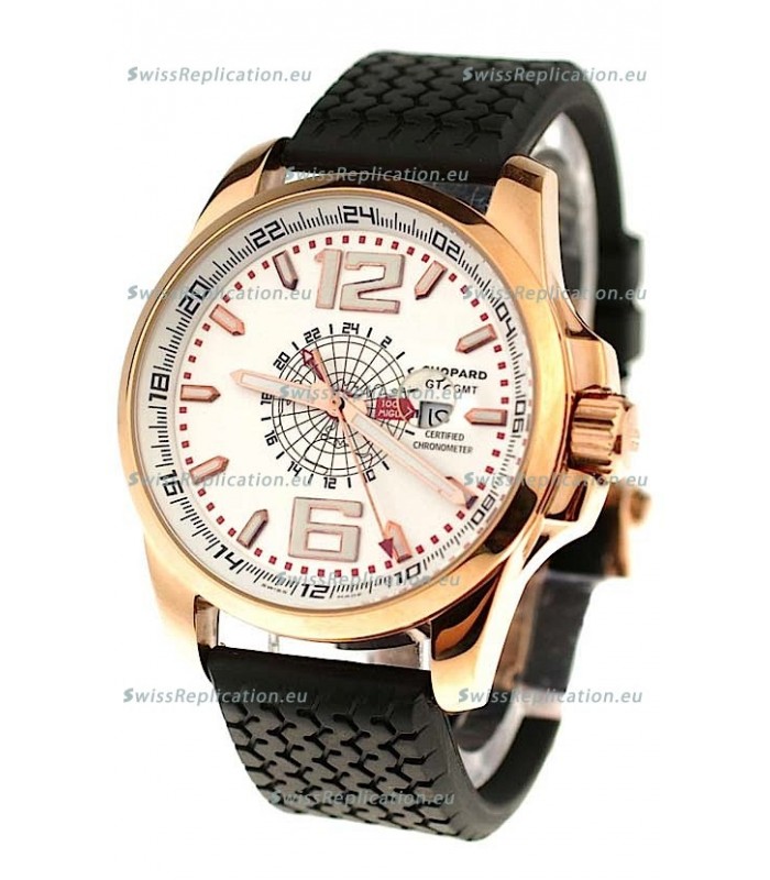 Chopard 1000 Miglia GT XL GMT Japanese Replica Gold Watch in White Dial