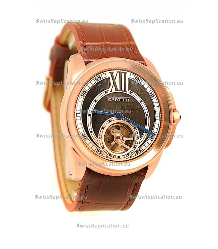 Calibre de Cartier Flying Tourbillon Japanese Replica Rose Gold Watch in Black Dial