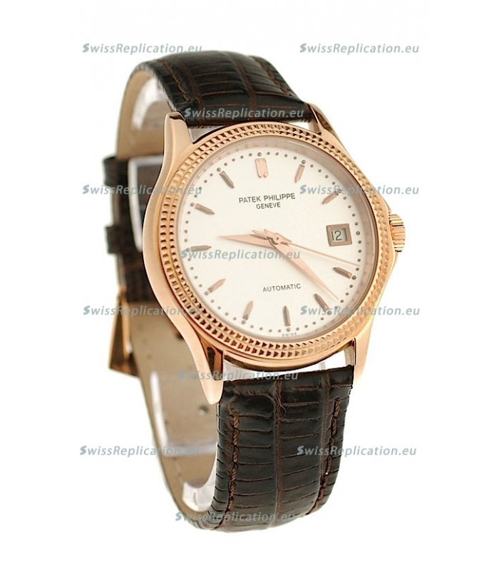 Patek Philippe Geneve Replica Pink Gold Watch in White Dial 