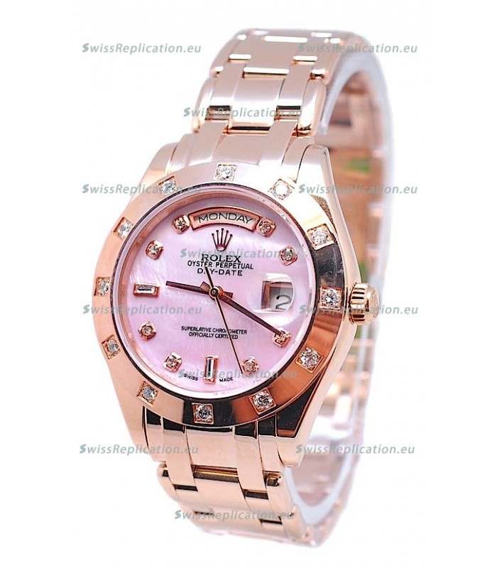 Rolex Day Date Pink Mother of Pearl swiss Replica Watch in Diamond Markers