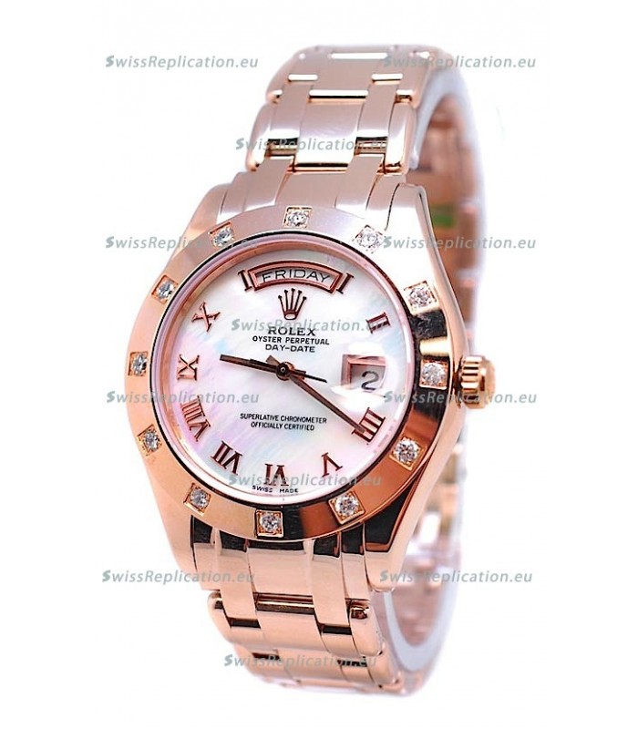 Rolex Day Date White Mother of Pearl Japanese Replica Watch in Roman Markers