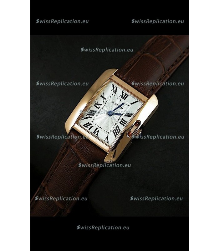 Cartier Louis Japanese Replica Ladies Rose Gold Watch in BrownStrap