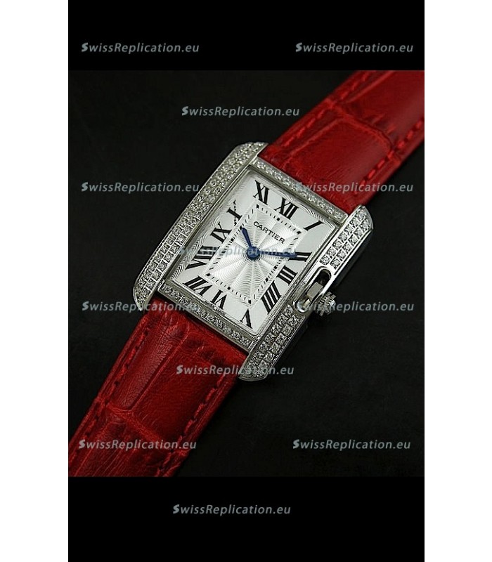 Cartier Louis Japanese Replica Ladies Diamond Watch in Red Strap