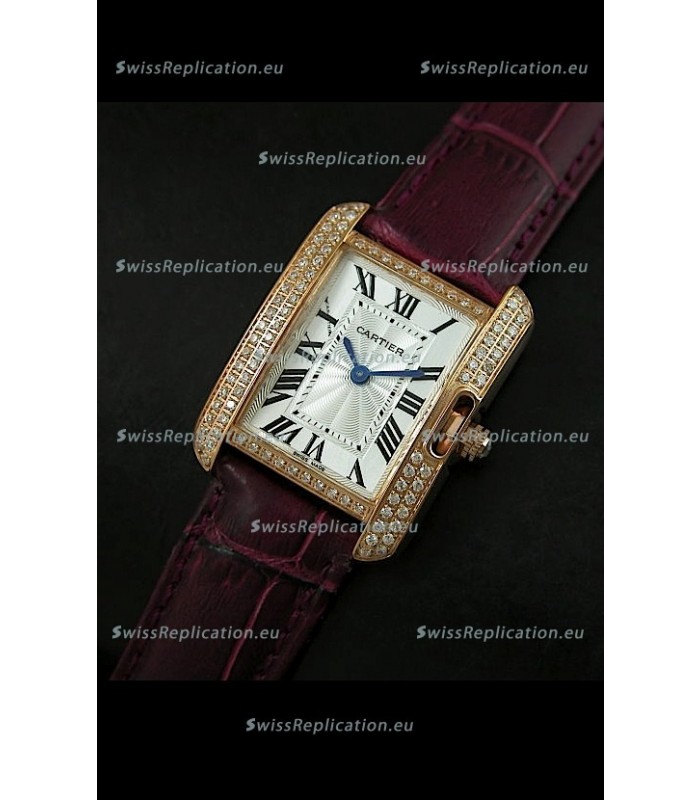 Cartier Louis Japanese Replica Ladies Rose Gold Diamond Watch in Purple Strap