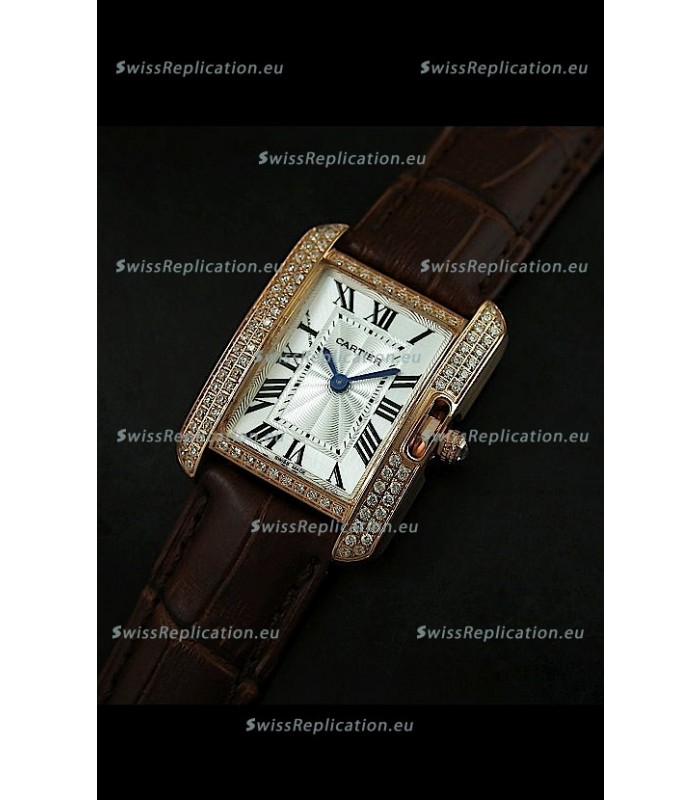 Cartier Louis Japanese Replica Ladies Rose Gold Diamond Watch in Brown Strap