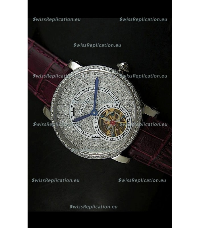 Cartier Ronde de Tourbillon Japanese Replica Diamond Watch in Purple Strap