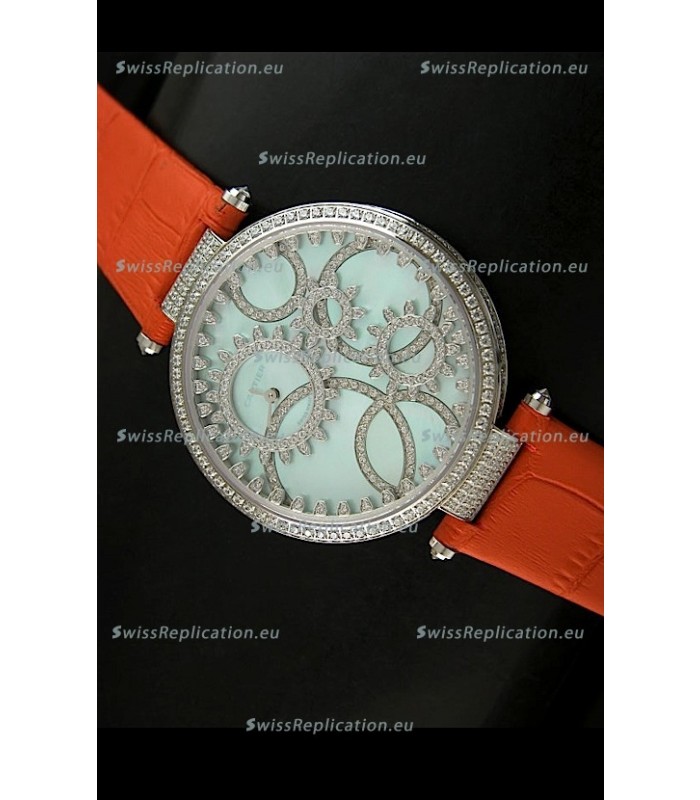 Cartier Replica Watch with Diamonds Embedded Dial Bezel in Steel Case/Orange Strap