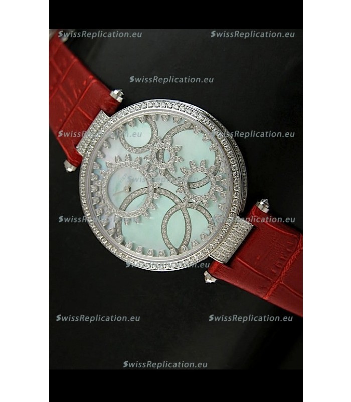 Cartier Replica Watch with Diamonds Embedded Dial Bezel in Steel Case/Red Strap