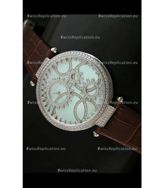 Cartier Replica Watch with Diamonds Embedded Dial Bezel in Steel Case/Brown Strap
