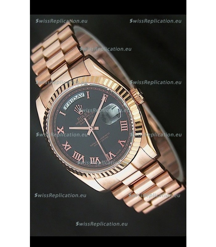 Rolex Day Date Swiss Rose Gold Watch in Black Dial
