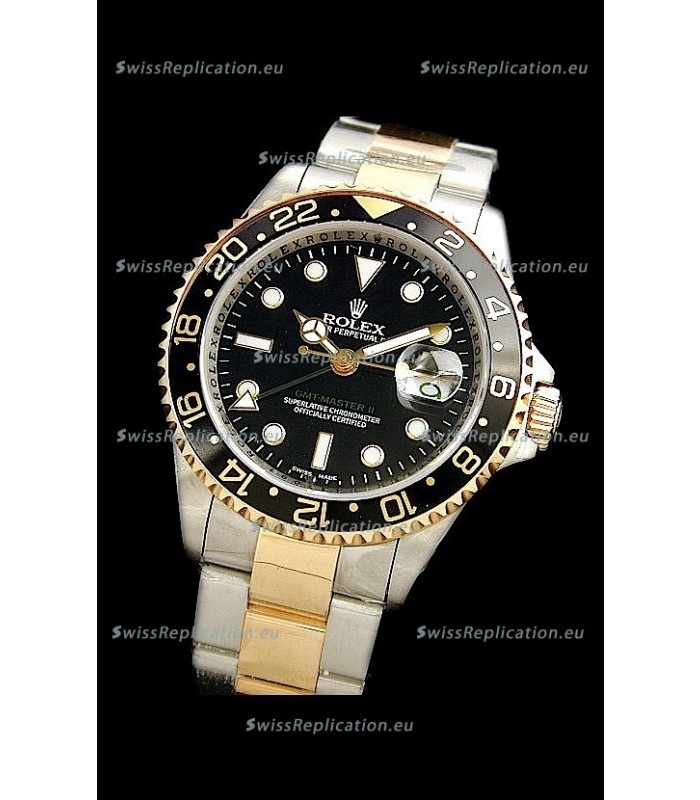 Rolex GMT Master II Swiss Replica Two Tone Gold Watch in Black Dial