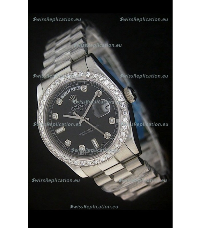 Rolex Day Date Just swiss Replica Black Watch in Full Diamond Bezel