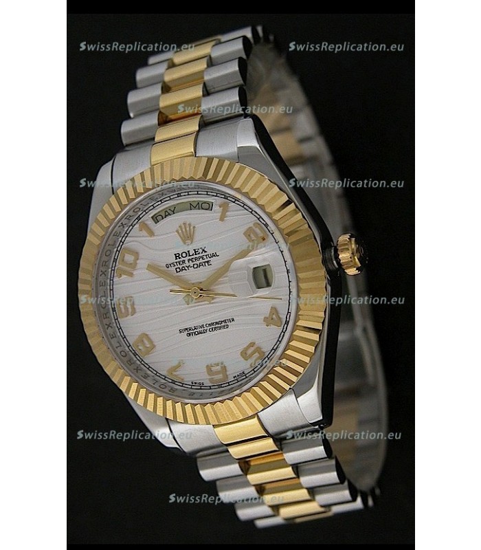 Rolex Day Date Just Japanese Replica Two Tone Gold Watch in White Stripe Pattern Dial