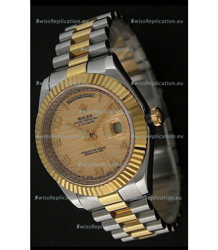 Rolex Day Date Just Japanese Replica Two Tone Gold Watch in Golden Stripe Pattern Dial 