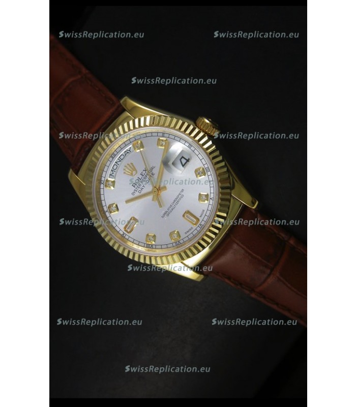 Rolex Day Date 36MM Yellow Gold Swiss Replica Watch - Silver Dial 