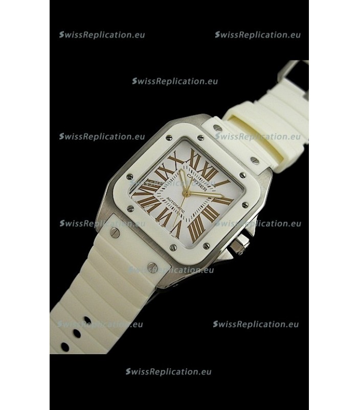 Cartier Santos Swiss Replica Automatic Watch in White Strap