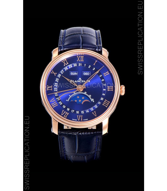 Blancpain "Villeret Quantième Complet" 904L Steel Rose Gold Watch in Blue Dial