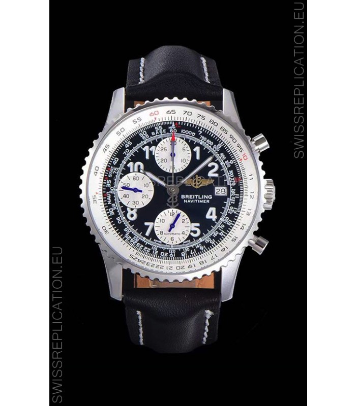 Breitling Navitimer Chronograph 41MM Swiss Replica Watch in 904L Steel Casing - Black Leather Strap