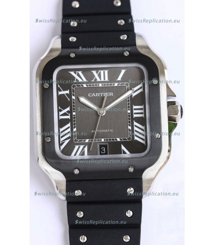 Santos De Cartier 1:1 Black DLC Bezel Swiss Replica Watch 40MM - Rubber Strap