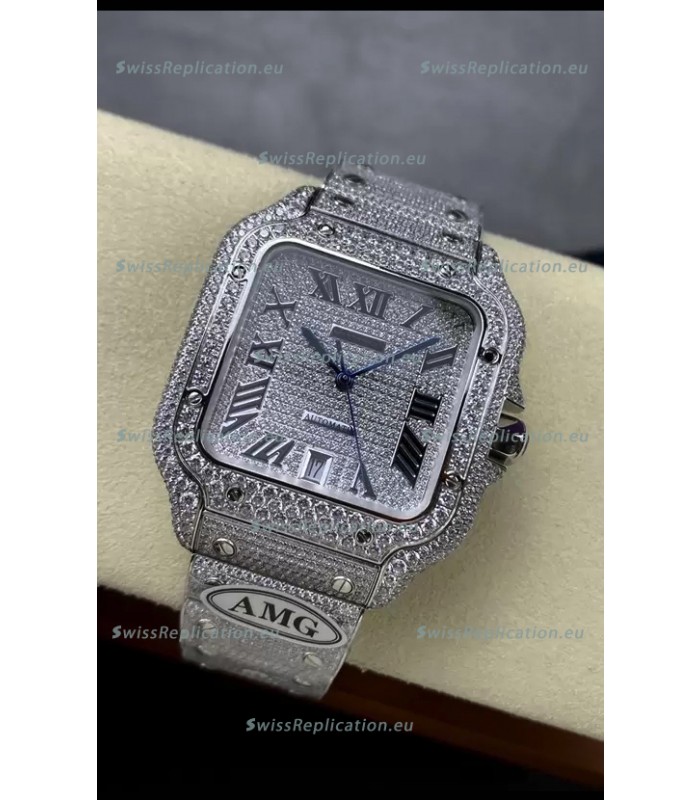 Cartier "Santos De Cartier" 904L Steel Diamonds Roman Dial 1:1 Mirror Replica - 40MM - Genuine Diamonds