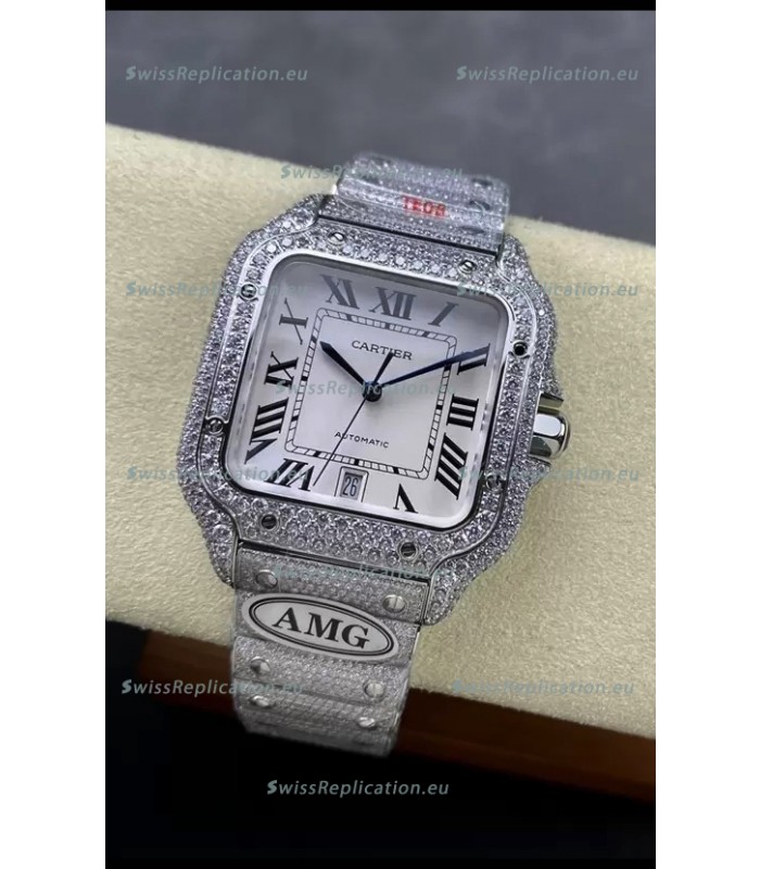 Cartier "Santos De Cartier" 904L Steel White Dial 1:1 Mirror Replica - 40MM - Genuine Diamonds