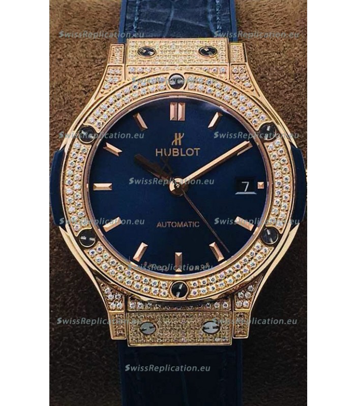 Hublot Classic Fusion Diamonds Rose Gold Blue Dial 38MM Swiss Replica Watch 1:1 Mirror Quality