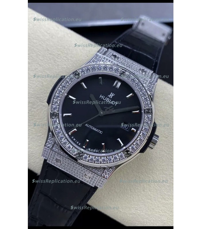 Hublot Classic Fusion Stainless Steel Diamonds Black Dial Swiss Replica Watch 1:1 Mirror Quality