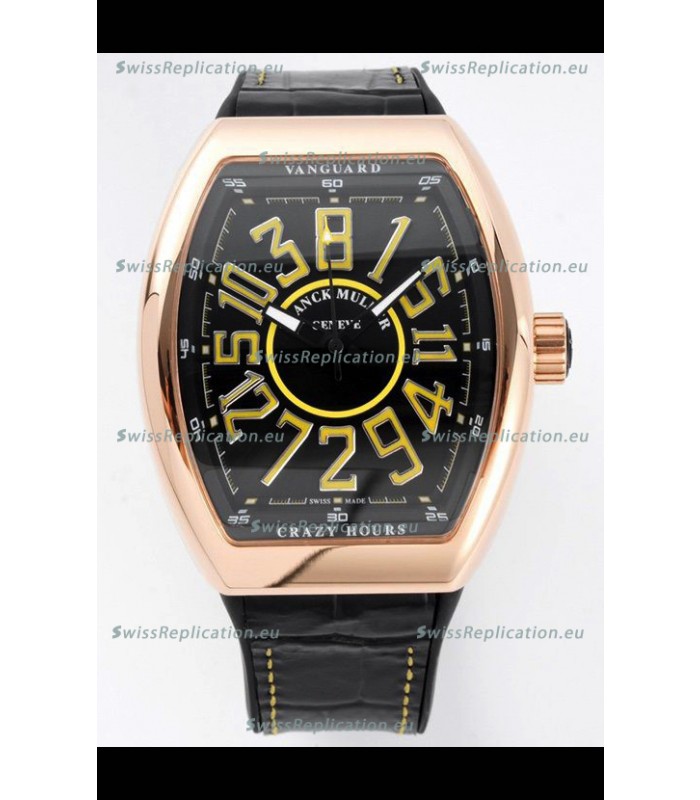 Franck Muller Vanguard Crazy Hours in Rose Gold Plating - Black Dial Swiss Replica Watch 