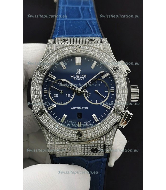 Hublot Classic Fusion Chronograph Steel Diamonds Casing Blue Dial 1:1 Mirror Replica Watch 