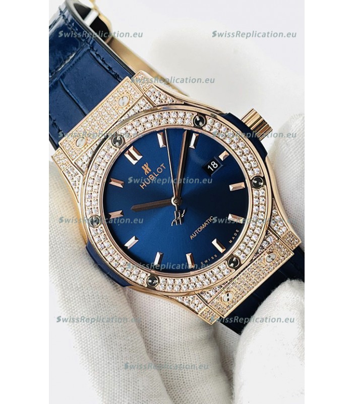 Hublot Classic Fusion Diamonds Rose Gold Steel Blue Dial Swiss Replica Watch 1:1 Mirror Quality 