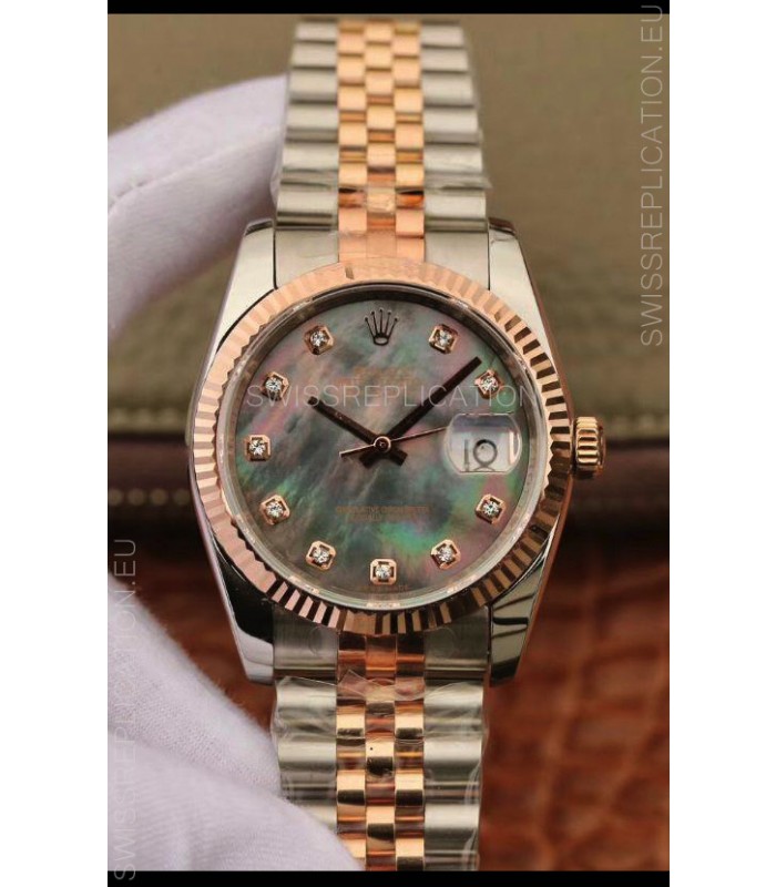 Rolex Datejust 36MM Cal.3135 Movement Swiss Replica Watch in 904L Steel Two Tone Casing Pearl Dial