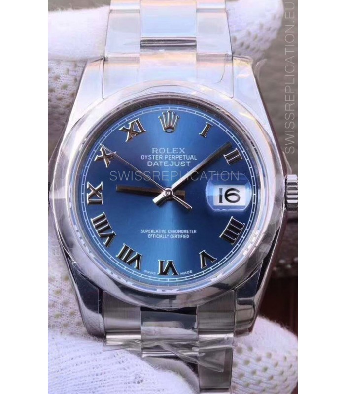 Rolex Datejust 36MM Cal.3135 Movement Swiss Replica Watch in 904L Steel Casing in Blue Roman Dial