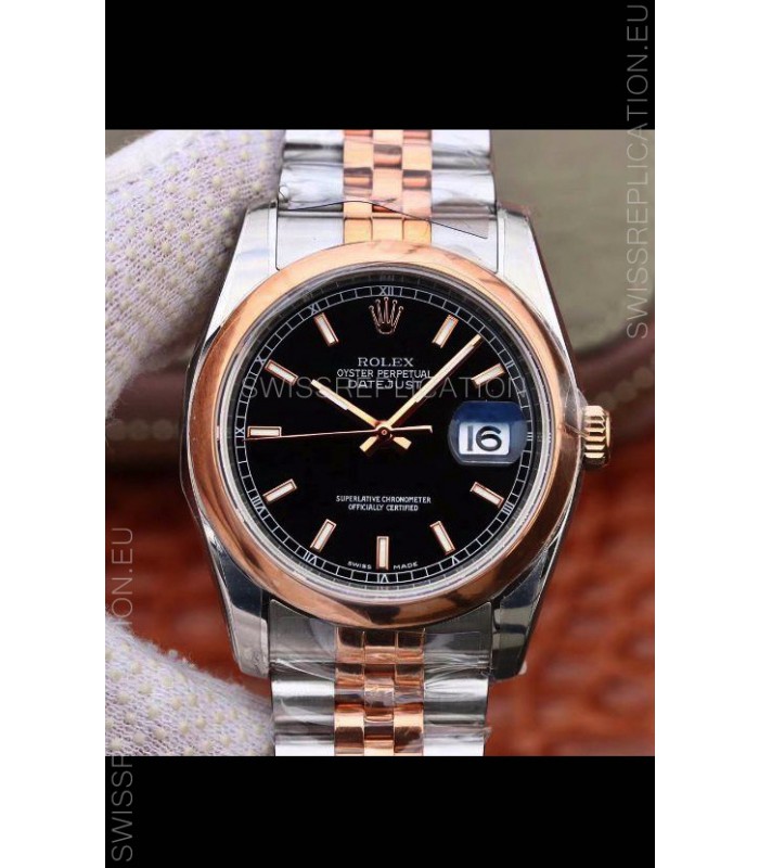 Rolex Datejust 36MM Cal.3135 Movement Swiss Replica Watch in 904L Steel Two Tone Casing Black Dial