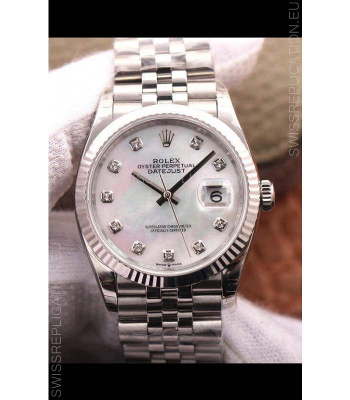 Rolex Datejust 36MM Cal.3135 Movement Swiss Replica Watch in 904L Steel Pearl Dial 